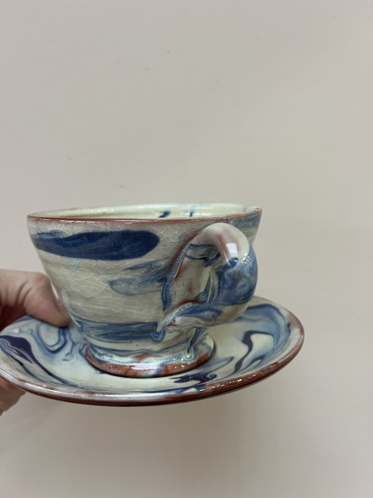 Blue cream marble swirl cup and saucer set