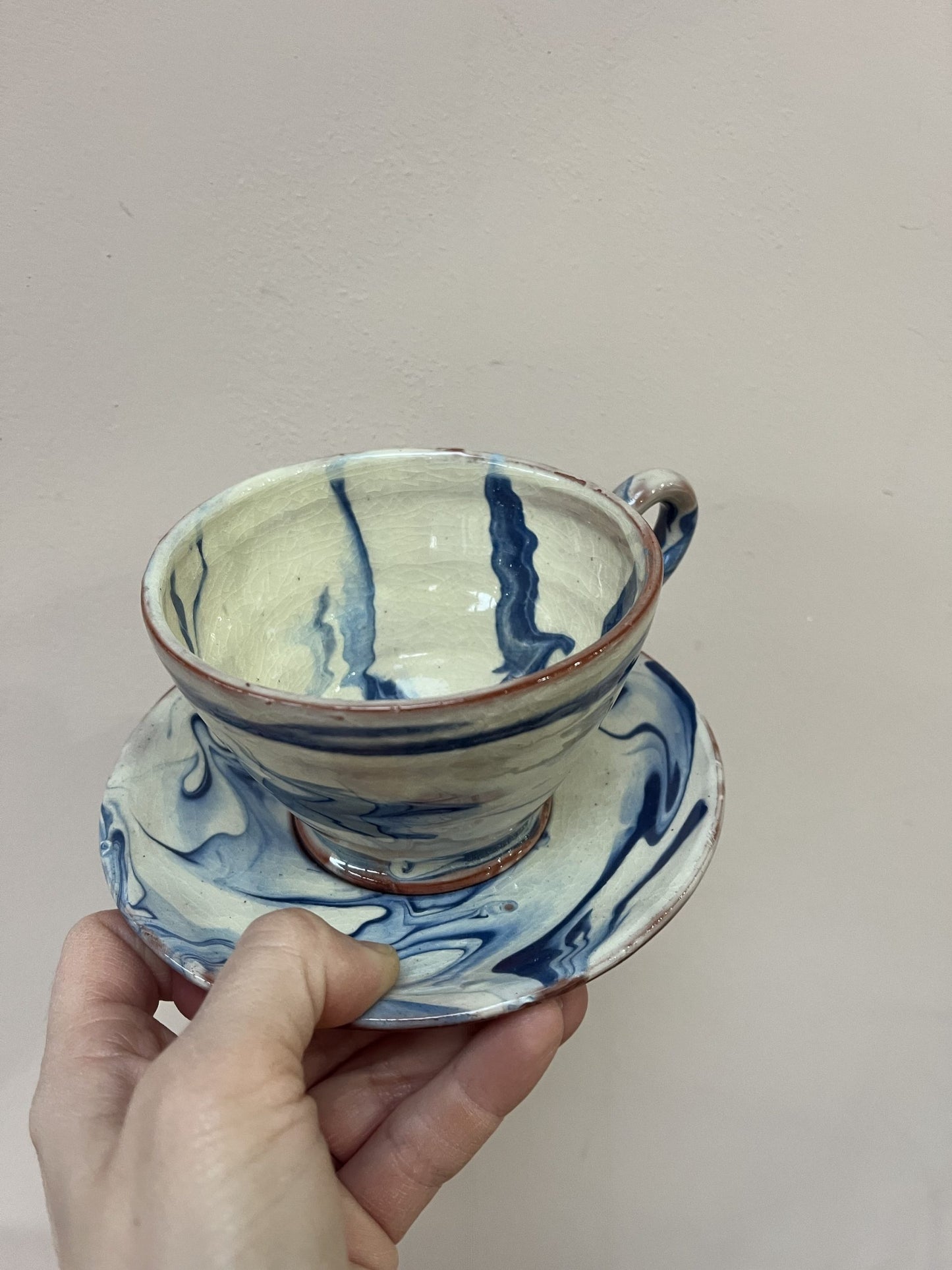 Blue cream marble swirl cup and saucer set