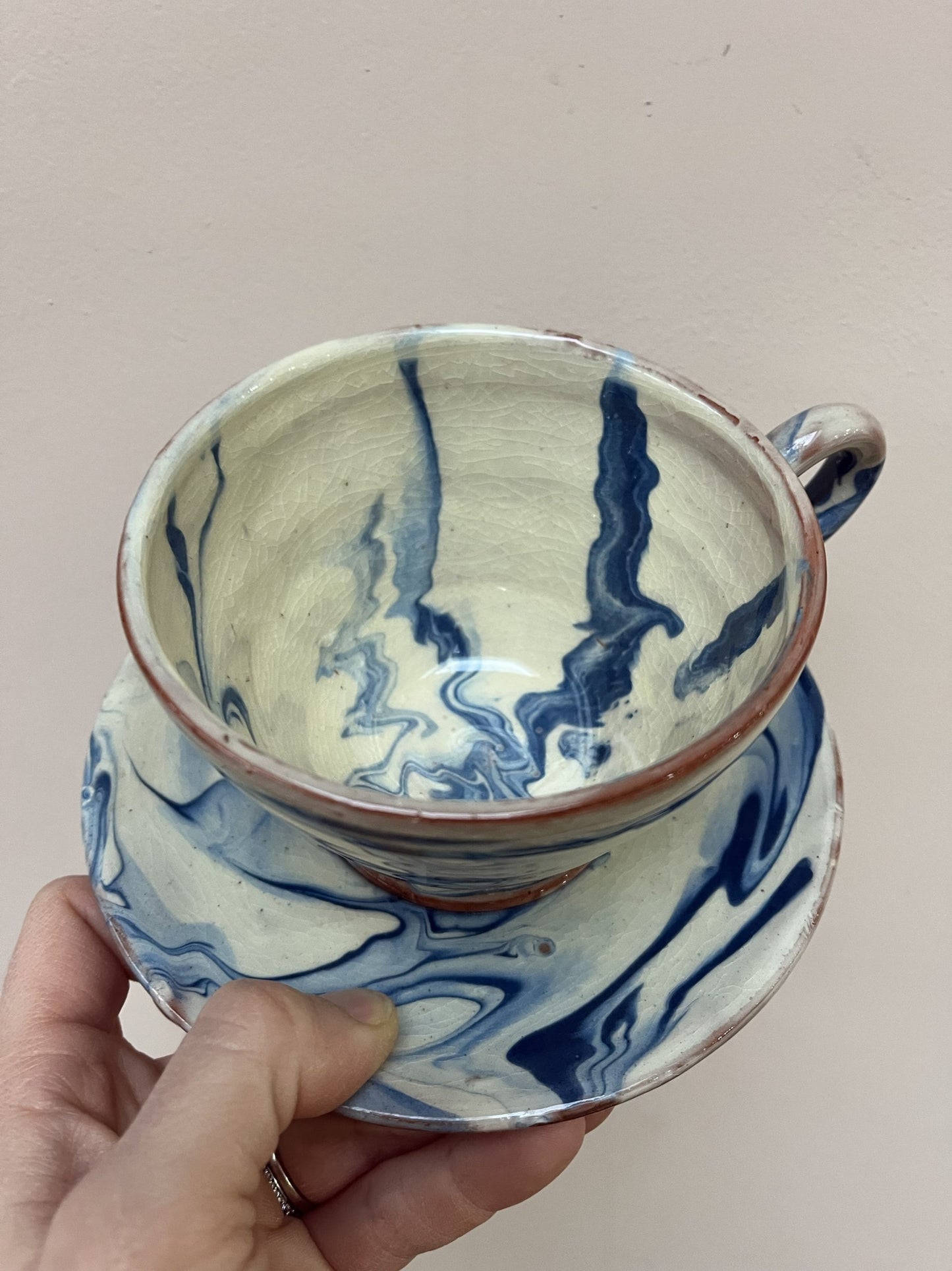 Blue cream marble swirl cup and saucer set