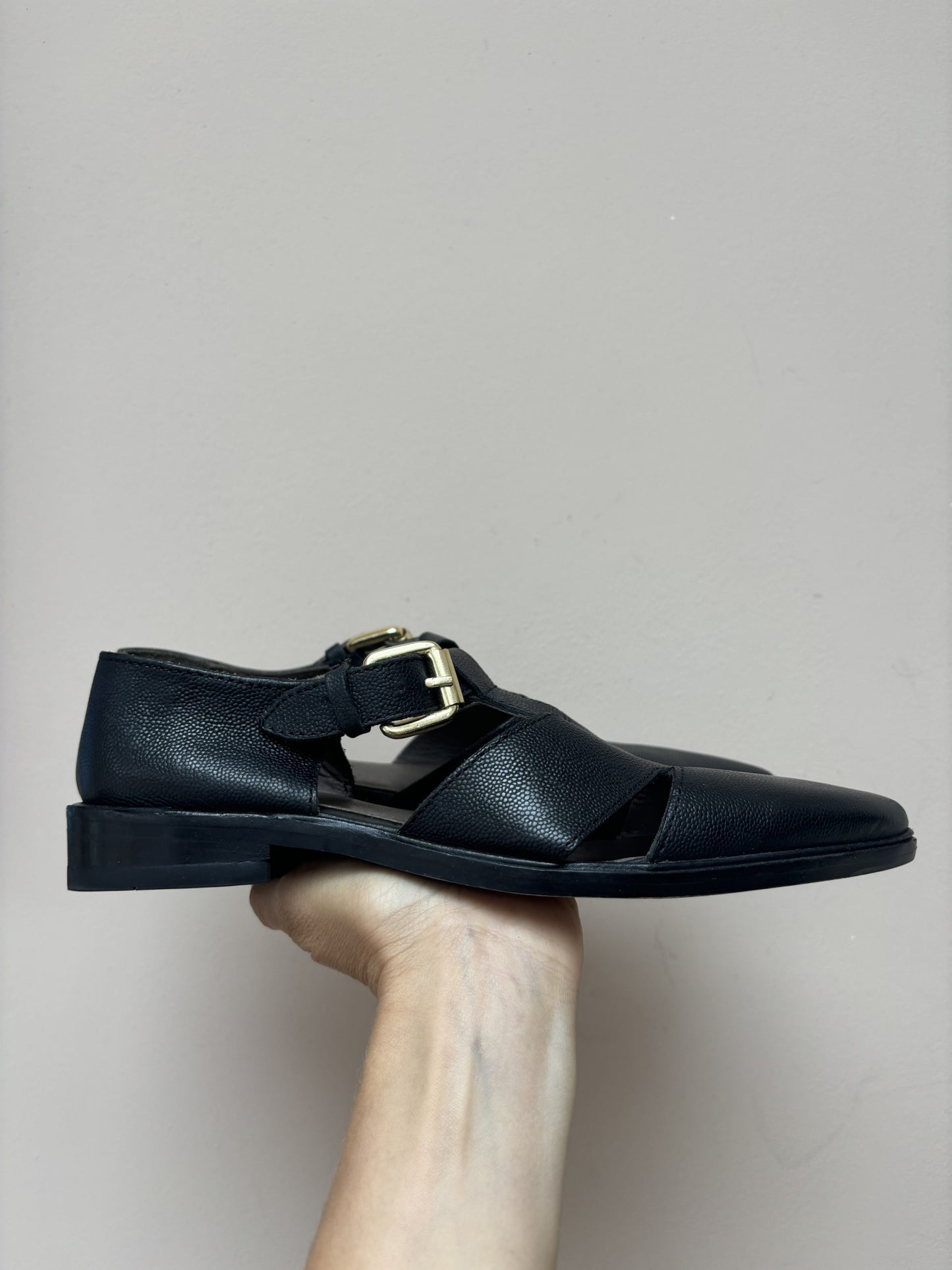 Black leather cut out flats size UK4