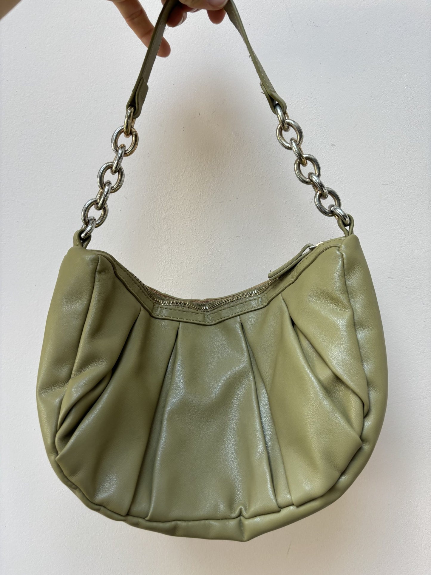 Green faux leather handbag with gold chain strap