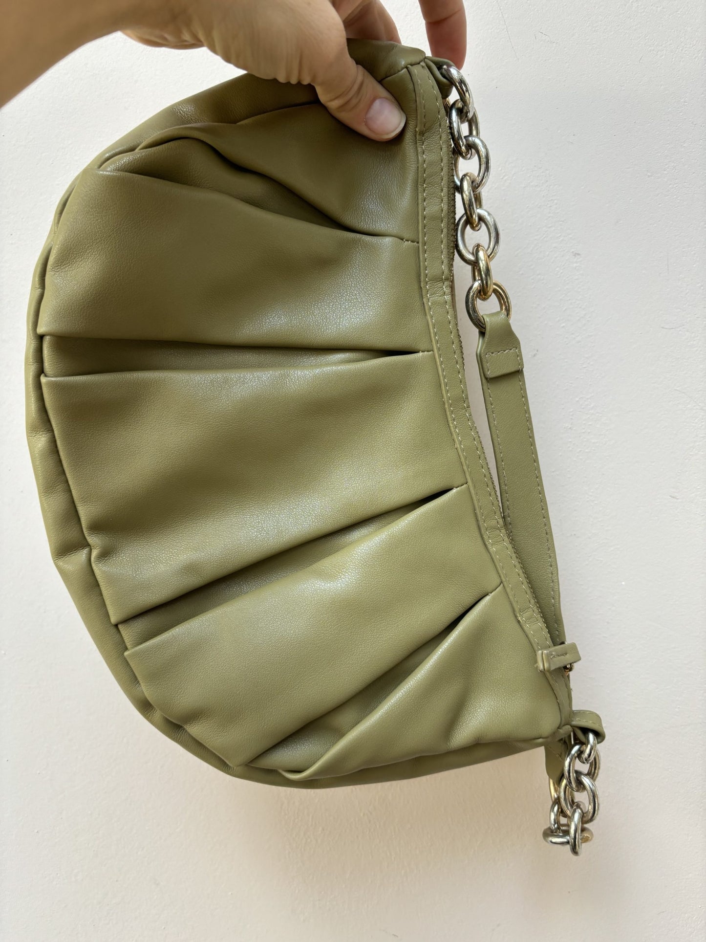 Green faux leather handbag with gold chain strap