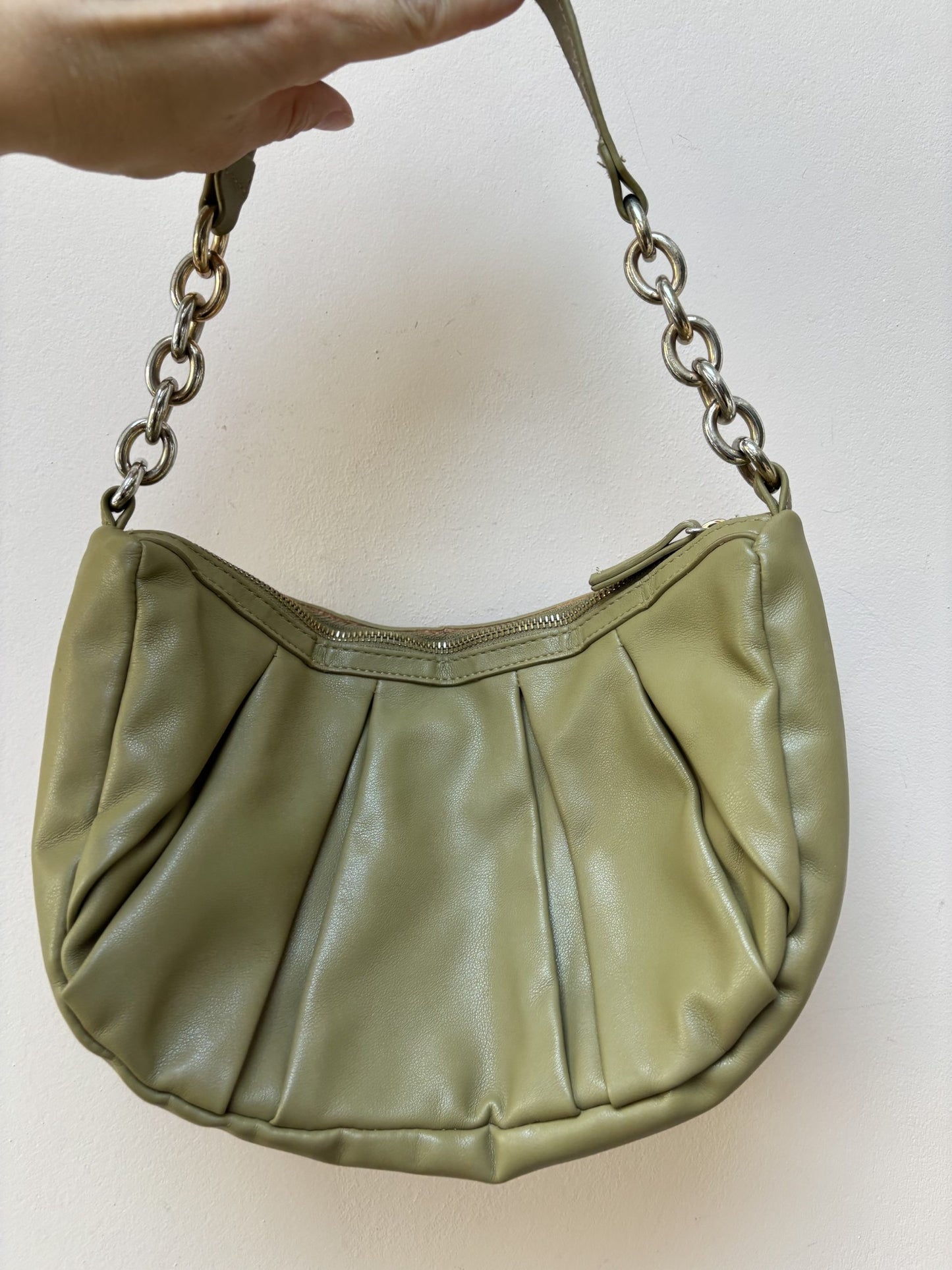Green faux leather handbag with gold chain strap