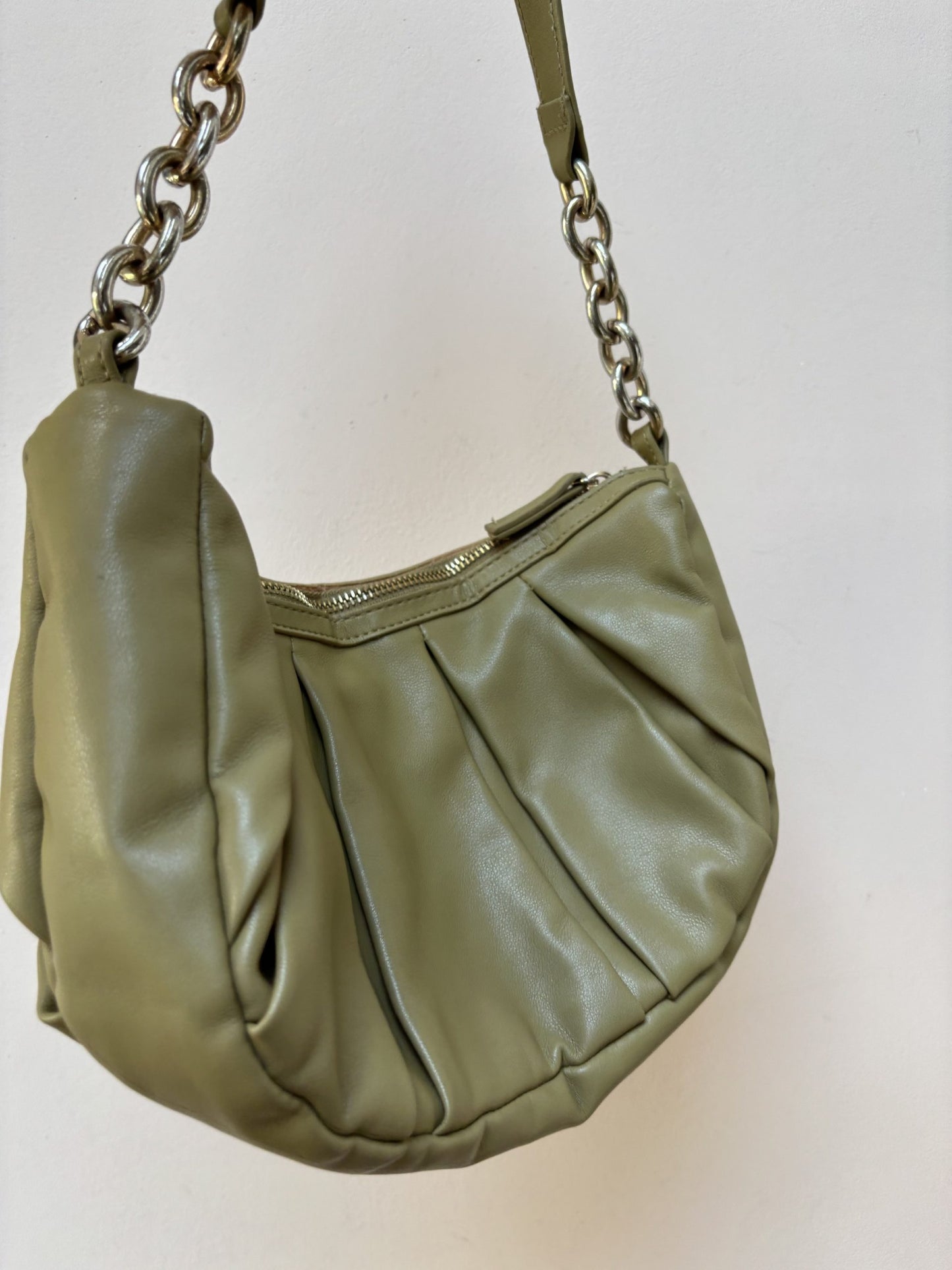 Green faux leather handbag with gold chain strap